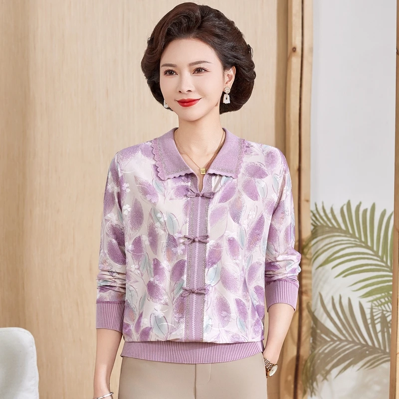 妈妈翻领国风盘口长袖T恤百搭减龄碎花上衣中年女气质打底小衫春