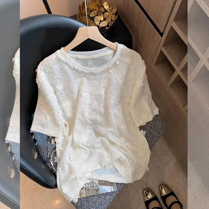 新中式国风夏季女重工钉珠刺绣提花圆领短袖T恤大码显瘦上衣宽松