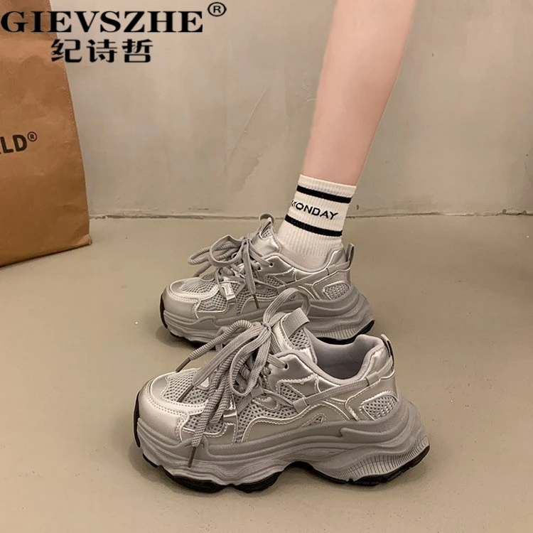 纪诗哲百搭松糕增高老爹鞋女秋季新款小个子网面休闲运动鞋厚底鞋