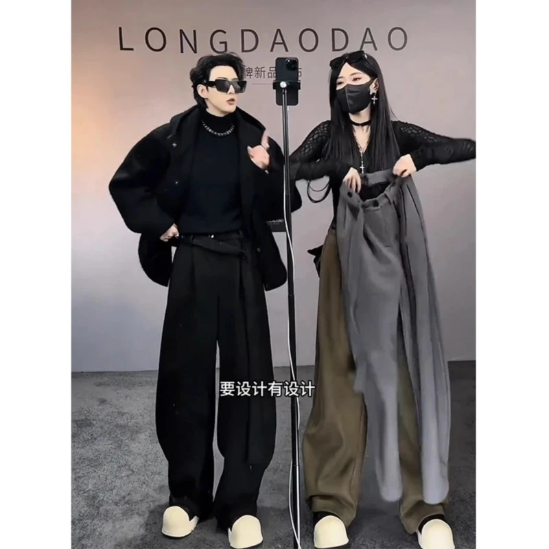 潮牌青少年仿麂皮绒垂感腰带裤子秋冬垂感弯刀裤cleanfit加绒卫裤