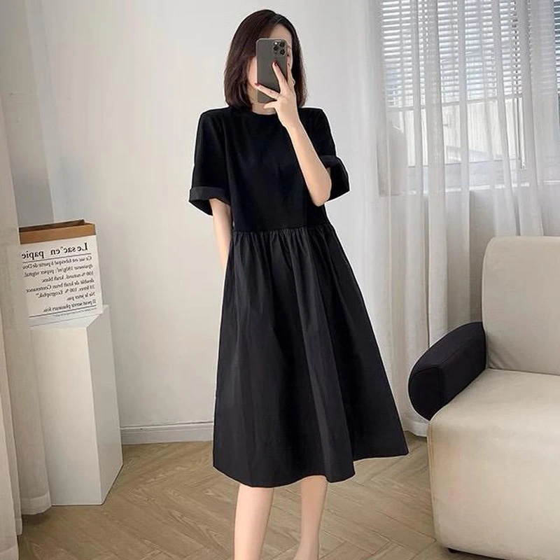 梨形身材简约穿搭黑色连衣裙女夏季新款设计感宽松显瘦短袖中长裙