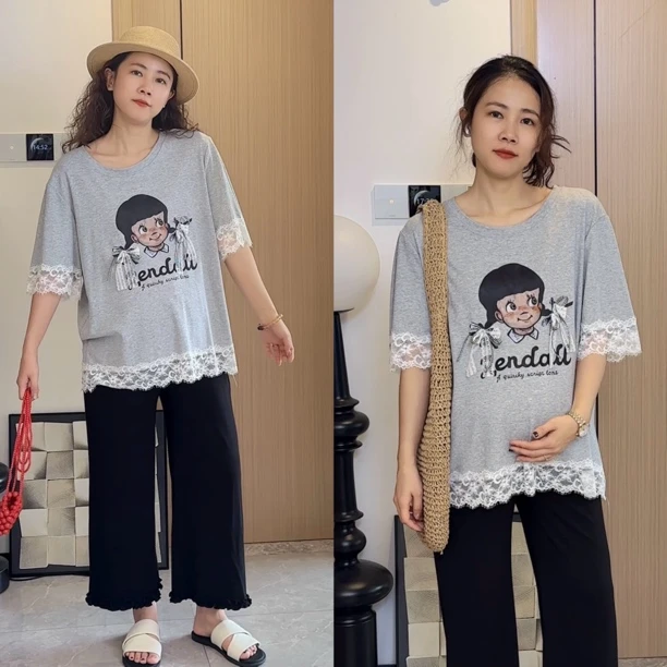 梨形身材穿的孕妇装2025夏季百搭减龄蕾丝拼接宽松短袖T恤上衣
