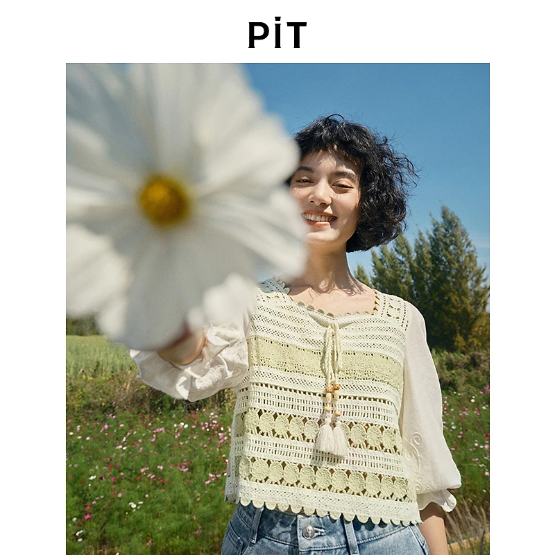 pit镂空针织方领衬衫2024新款撞色短款内搭条纹百搭复古衬衣上衣