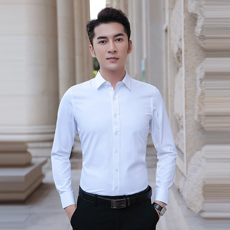 男装夏季男士薄款长袖衬衫韩版修身纯白色长款衬衣青少年潮男衣服