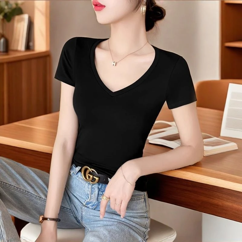 黑色v领短袖t恤女2025新款纯棉鸡心领半袖甜美体恤修身打底上衣服