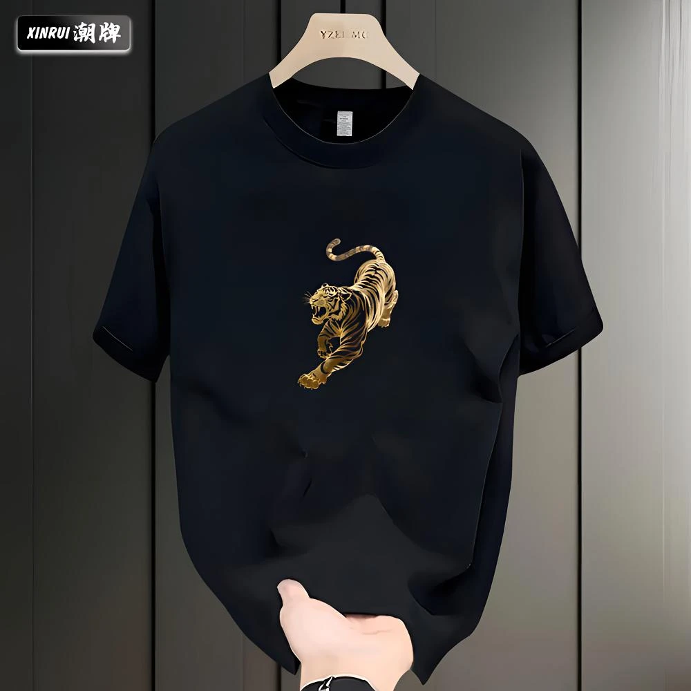 2025新款痞帅国潮个性猛虎印花纯棉宽松短袖男款休闲百搭圆领上衣