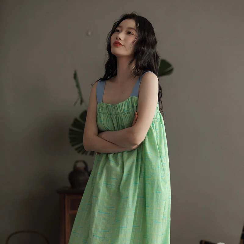 甜美圆领睡裙纯棉夏季长款家居服裙子连衣裙无袖家居服女款26303