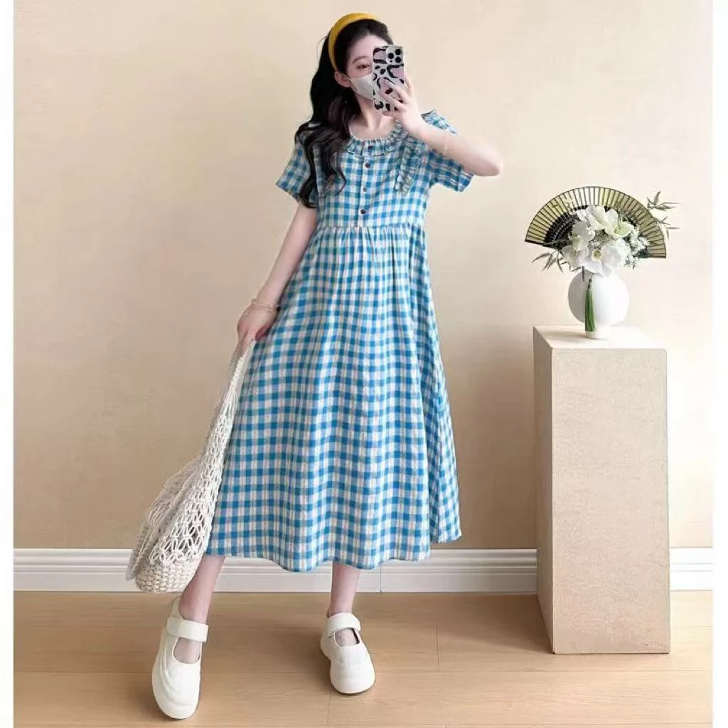 大码森系碎花田园格纹方领连衣裙女夏季胖mm减龄收腰显瘦气质短裙