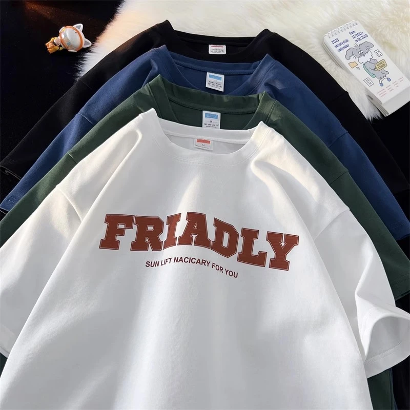 港风复古重磅纯棉创意圆领短袖夏季简约休闲男士T恤宽松印花半袖