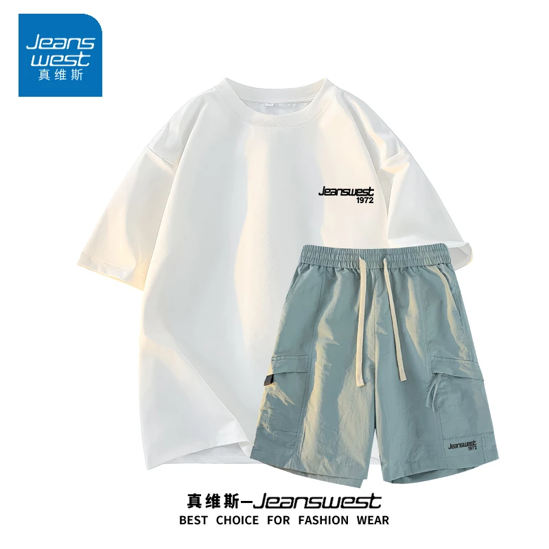 真维斯男生休闲运动套装夏季冰丝工装短裤纯棉短袖两件套情侣服装
