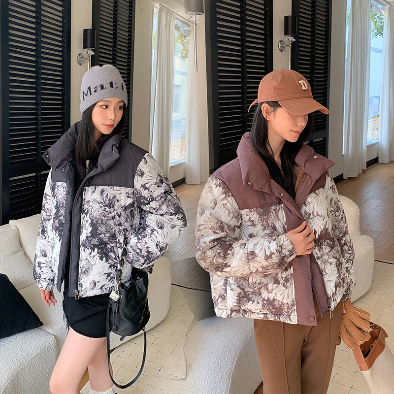 常规2025羽绒棉服棉衣女短款韩系印花立领新款面包服小众棉袄外套