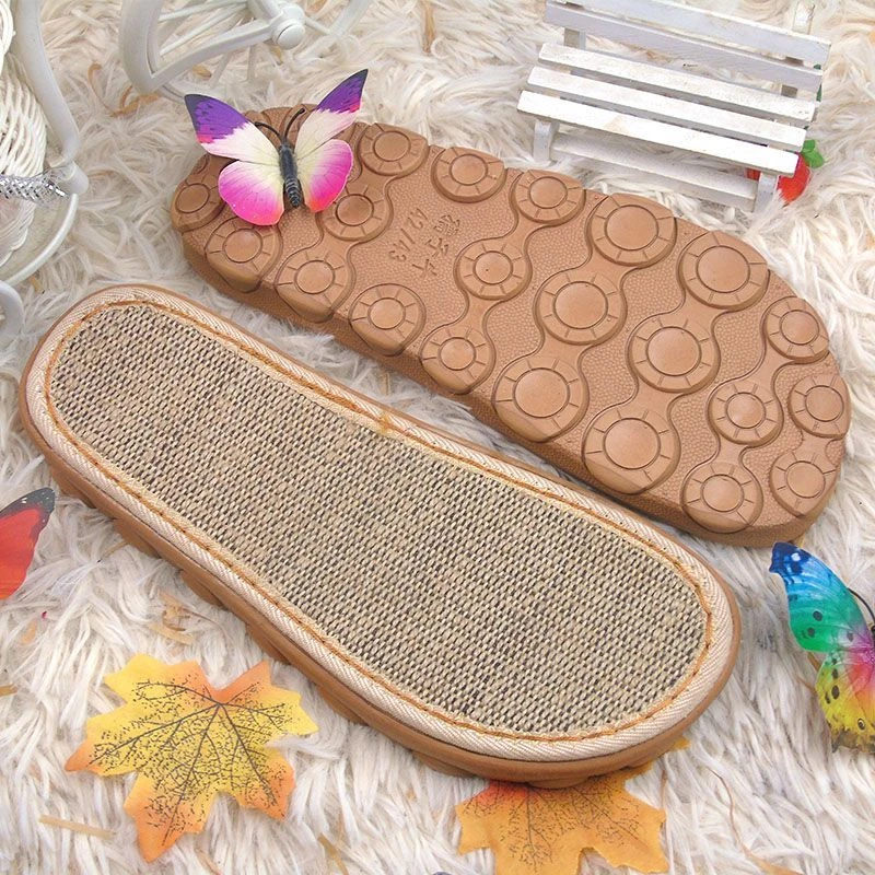 2024年孺子牛新款特制亚麻吸盘底老人防摔底钩织棉拖鞋防滑耐磨底