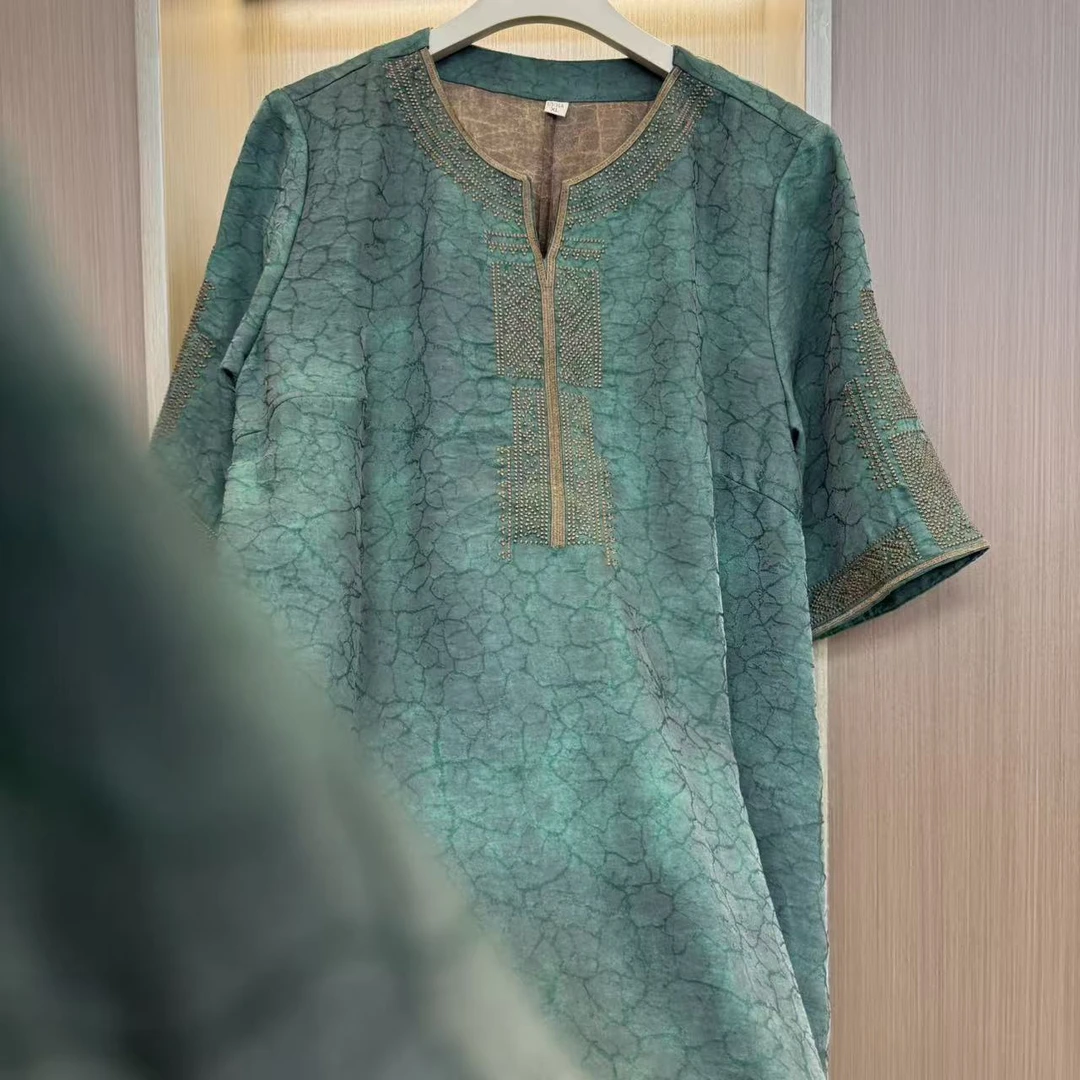 【木色3】A字裙刺绣V领显瘦短袖夏季连衣裙唐装女士新中式