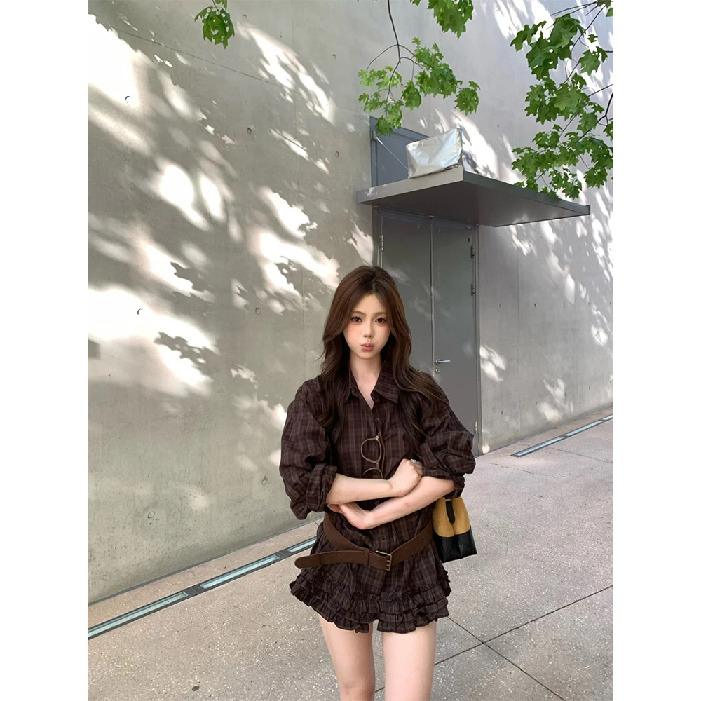慵懒风咖色格子长袖衬衫裙女秋季韩系复古宽松衬衣设计感22697#