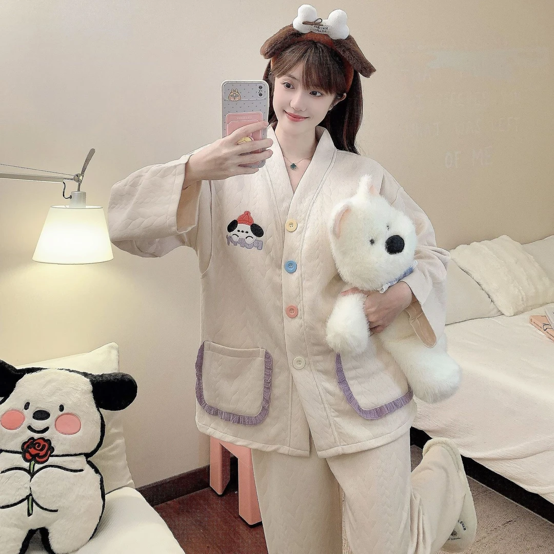 秋冬月子服空气棉产后哺乳衣带胸垫加厚款孕妇睡衣长袖