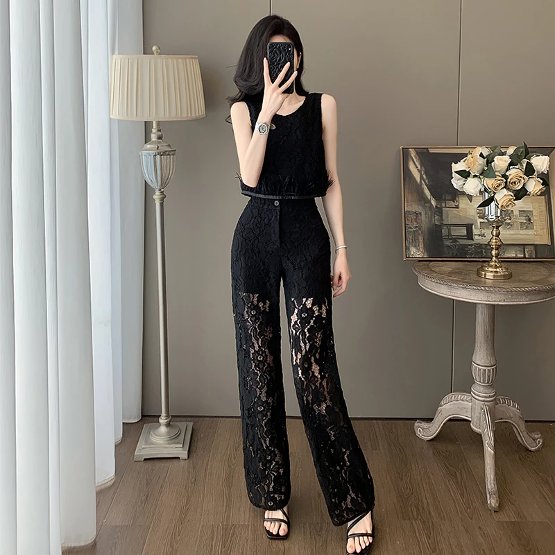 法式小香风时尚套装女夏季新款法式轻奢显瘦蕾丝上衣阔腿裤两件套