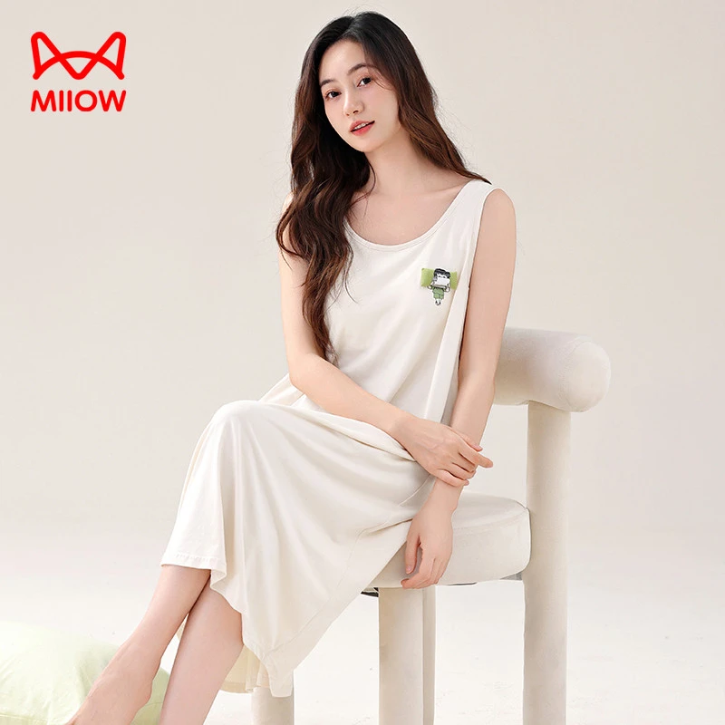 猫人经典莫代尔背心睡裙女夏季薄款休闲简约大码带胸垫睡衣家居服