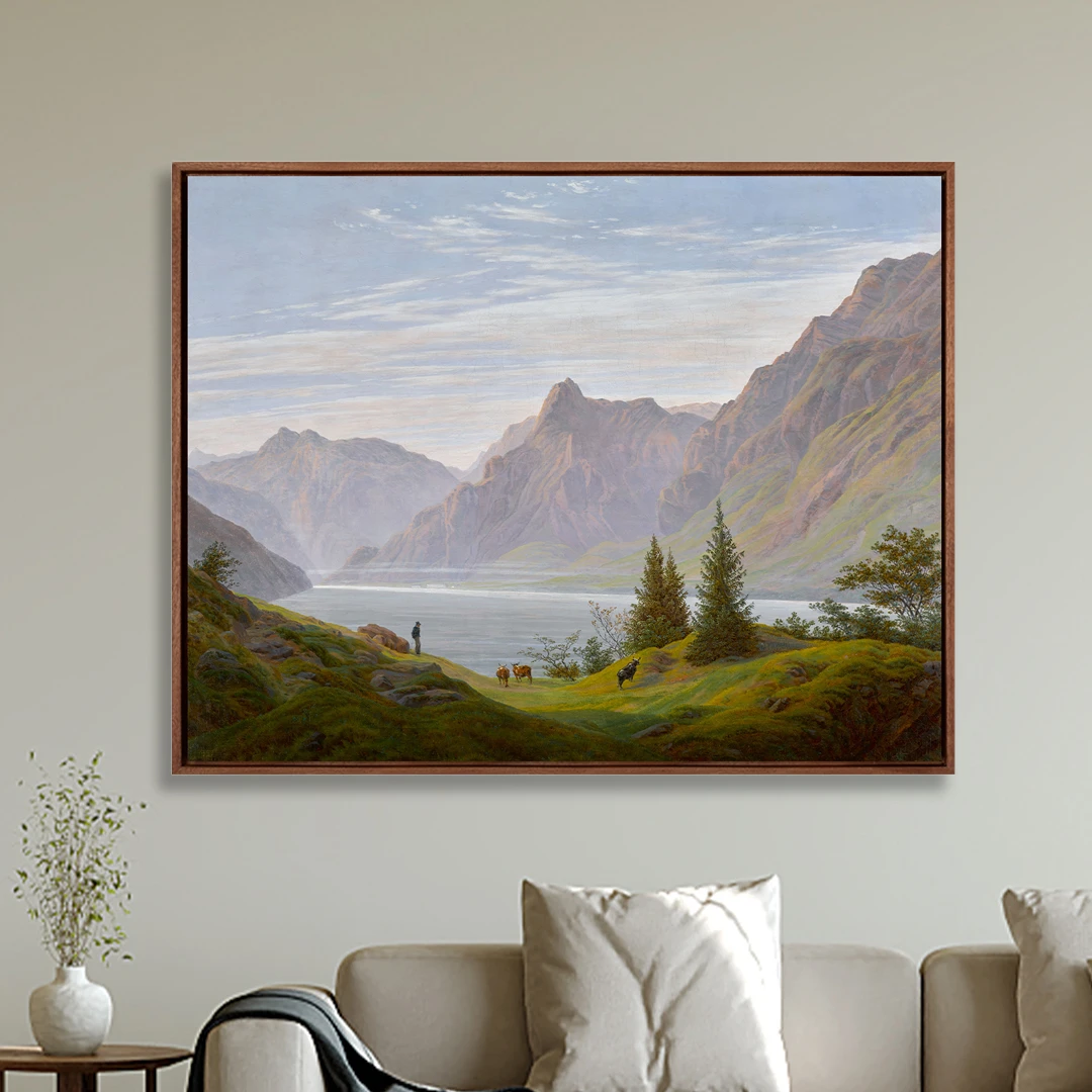 弗里德里希《高山湖泊》版画 客厅餐厅书房玄关走廊装饰画 实木框