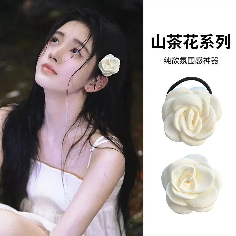韩系温柔山茶花发夹女气质绑发圈可爱甜妹头饰白色皮筋扎头绳