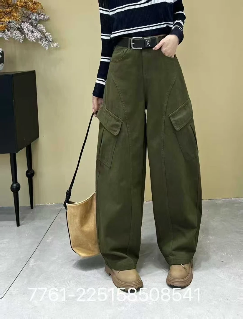 长裤纽扣休闲裤女高腰无弹慵懒风裤子牛仔裤秋冬中腰7761
