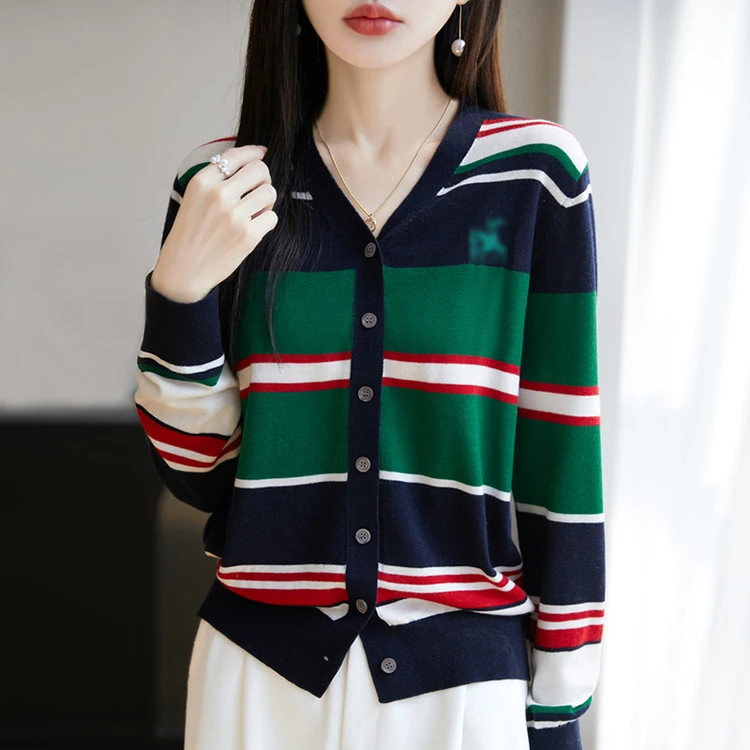 莱赛尔天丝春秋V领显瘦条纹开衫女撞色刺绣针织毛衣外套宽松上衣