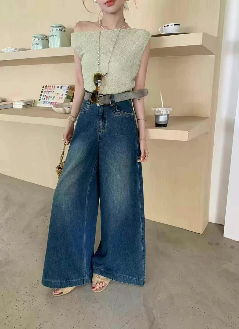 【彩丽家】高腰复古阔腿牛仔长裤女春秋新款梨形遮肉直筒垂感拖地裤
