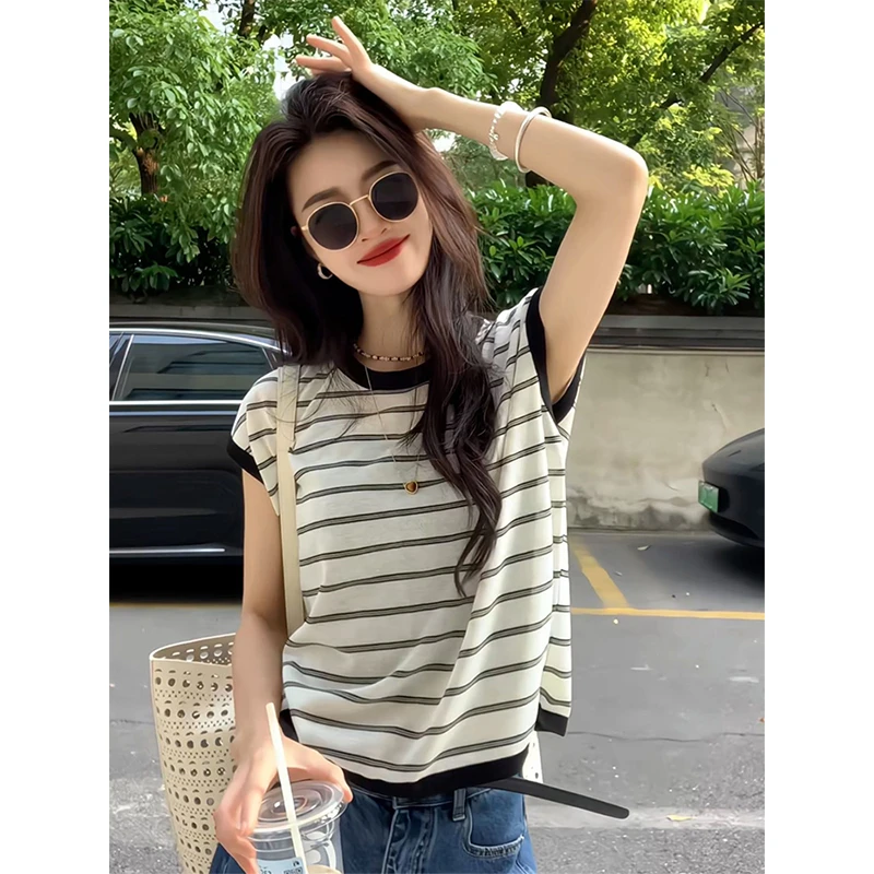 小飞袖撞色条纹针织T恤女夏季2025年新款超好看独特休闲显瘦上衣