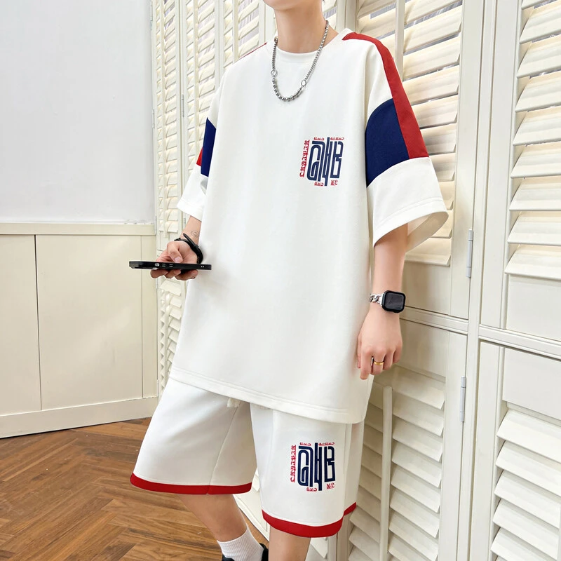 青少年夏季短袖T恤男学生潮流帅气运动休闲穿搭套装中大童半袖1套