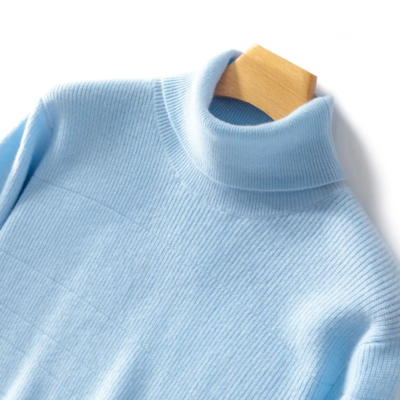 男士高翻领100澳洲羊毛秋冬新款纯色抽条休闲宽松针织打底衫