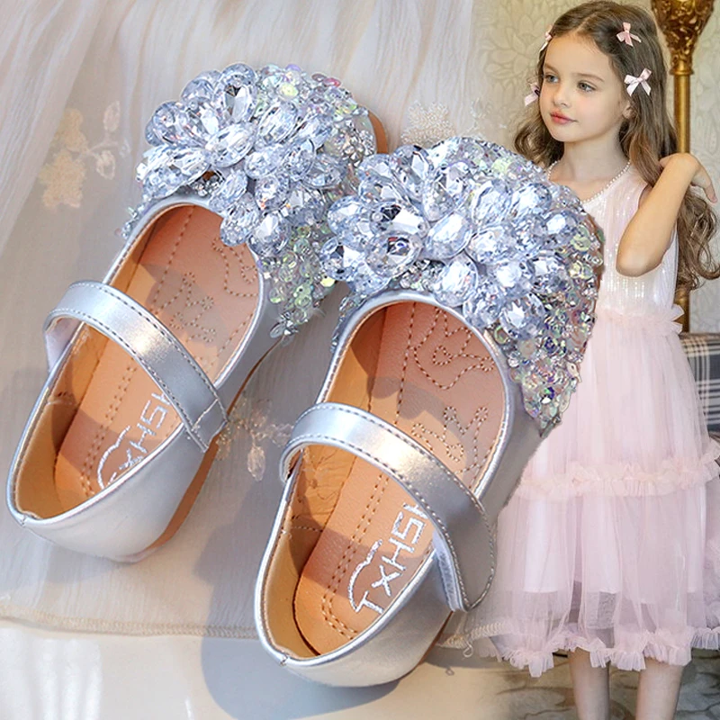 阿童木断码女童小皮鞋2025新款夏季儿童软底洋气水晶鞋女孩银色亮