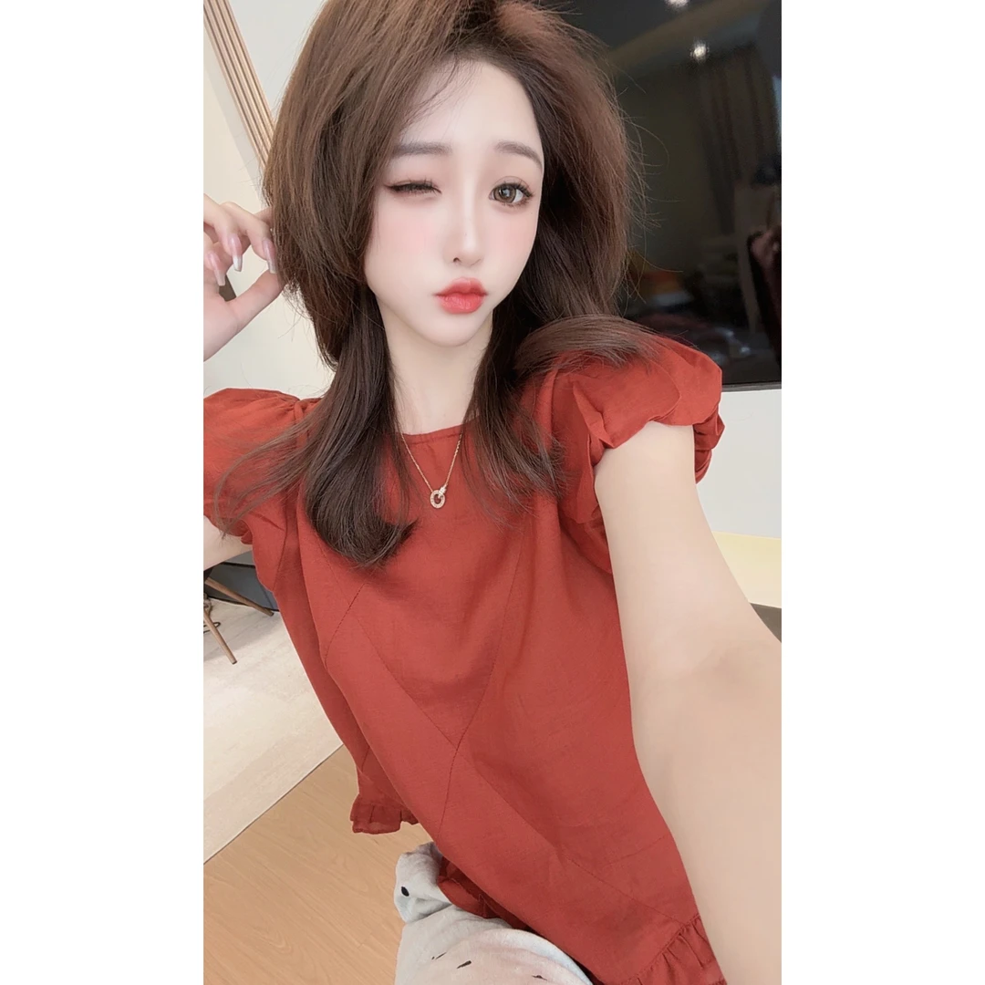 【陈陈私服】时尚设计感圆领苎麻衬衫不规则下摆短袖衬衣25060509