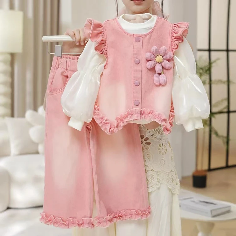 女童秋装套装2025新款洋气时髦儿童花边长袖衣服小女孩春秋两件套