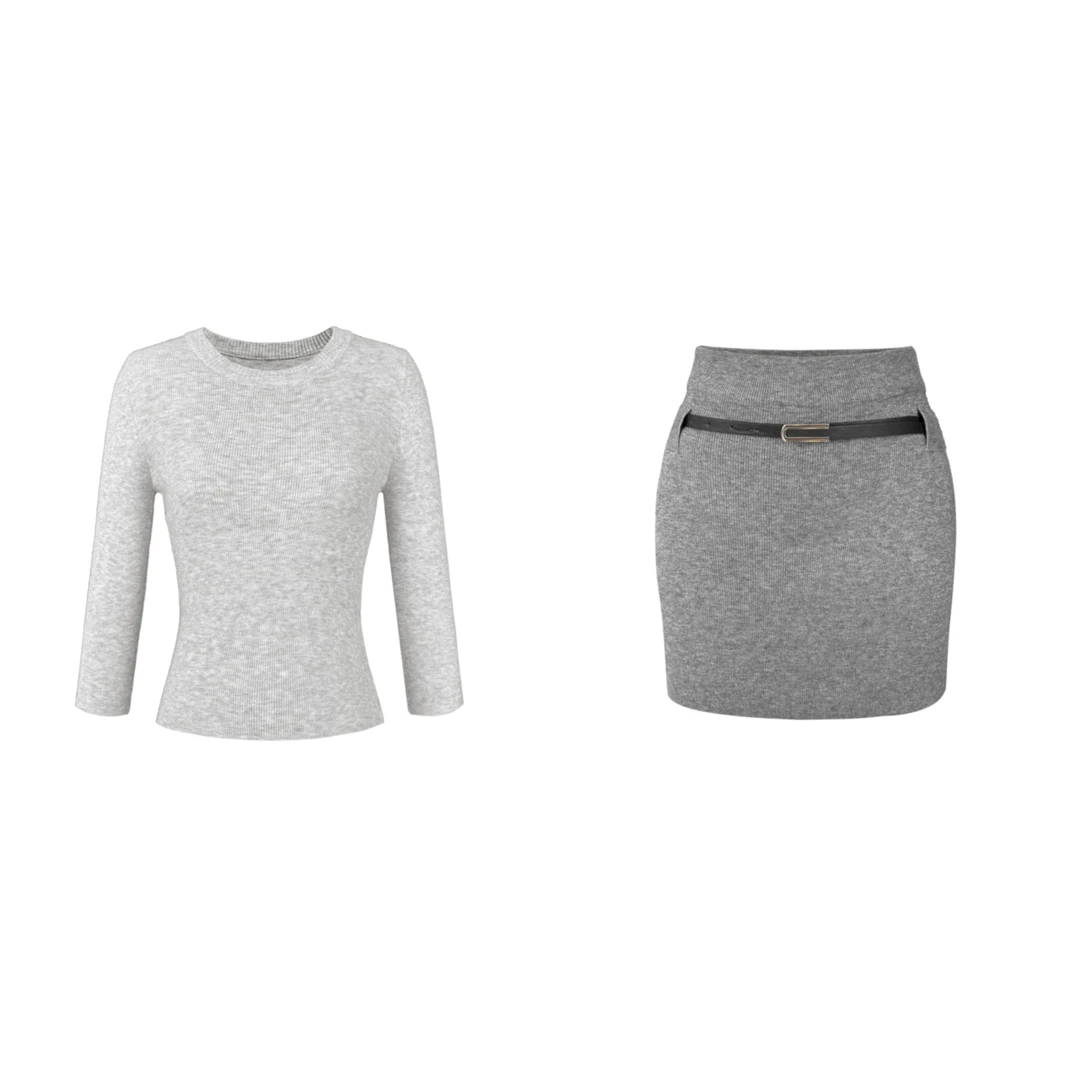 高智韩女 修身显瘦灰色针织衫套装女包臀半身裙两件套H 8801#