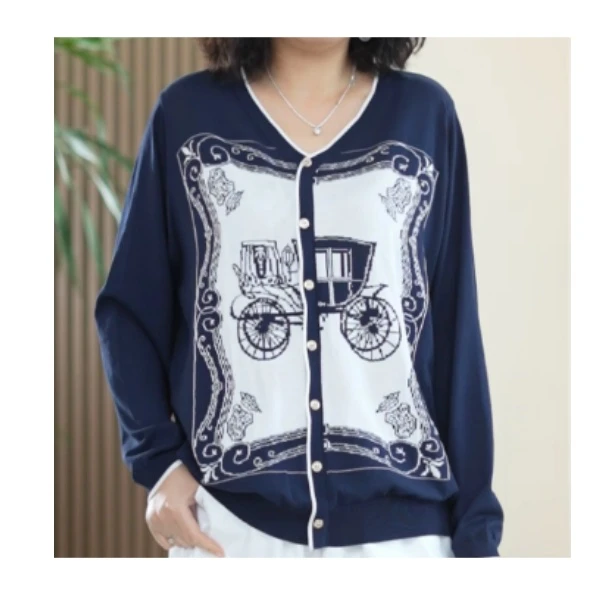 马车提花高捻双纱V领针织衫假开衫针织上衣W007