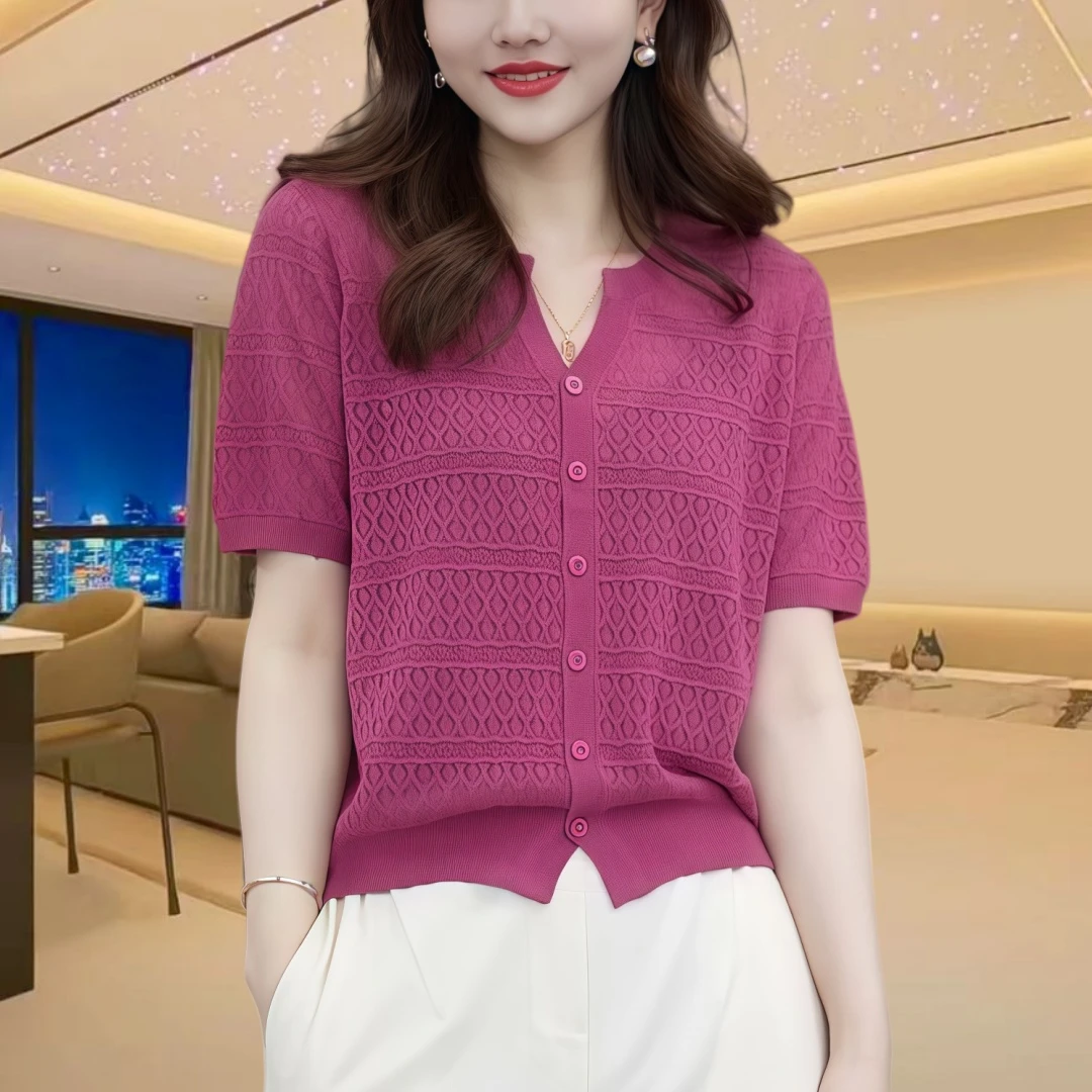 夏季透气镂空针织衫女短袖薄款爆款2025新款独特漂亮小衫上衣女