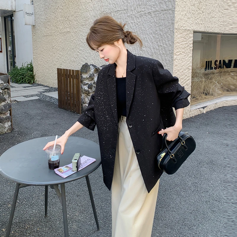 设计感小众高级感小个子亮钻黑色西服外套女2025春秋新款百搭西装