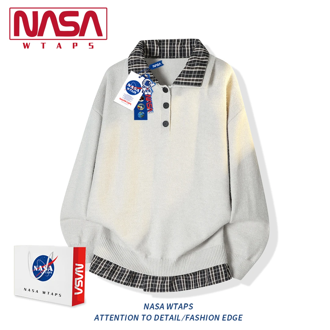 NASA WTAPS假两件格纹拼接翻领毛衣男秋季学院风休闲情侣针织衫潮