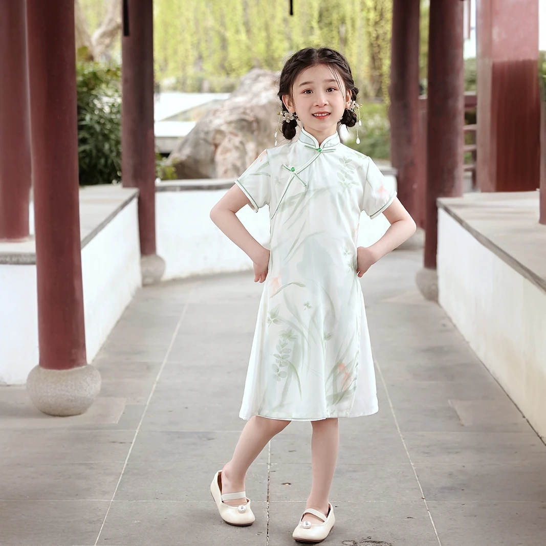绿色儿童公主裙洋气宝宝夏季复古中大童中国风小女孩清爽奥黛改良
