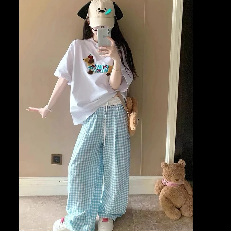 【带口袋】多巴胺撞色格子裤女新款高腰宽松休闲山本裤复古阔腿裤NS