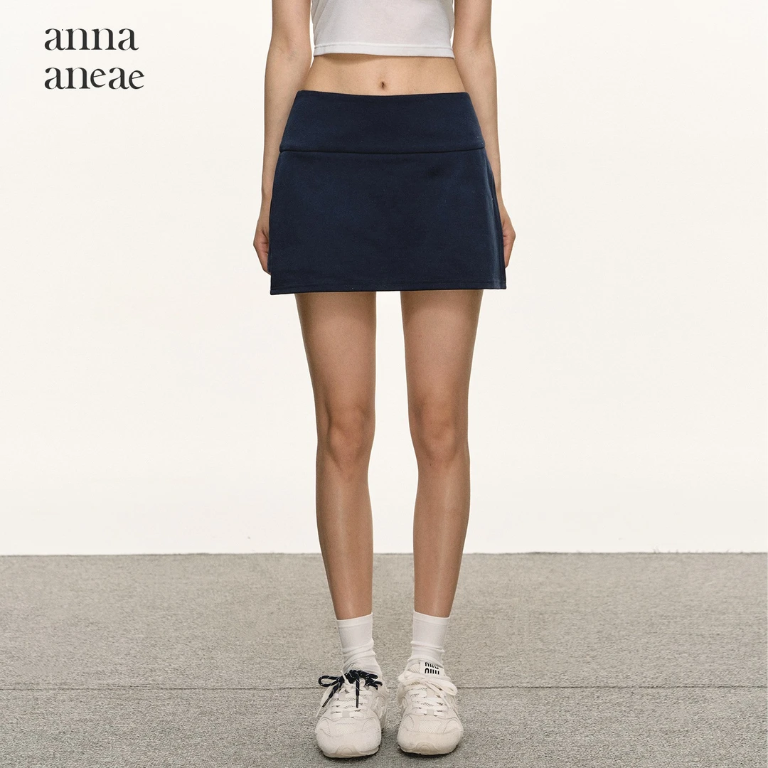 anna aneae藏蓝色半身裙女秋冬季设计感直筒显瘦短款低腰a字裙子