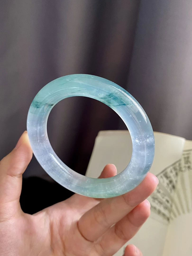 冰种冰透玻璃种飘花圆条时尚女士翡翠玉石手镯定金链接1w