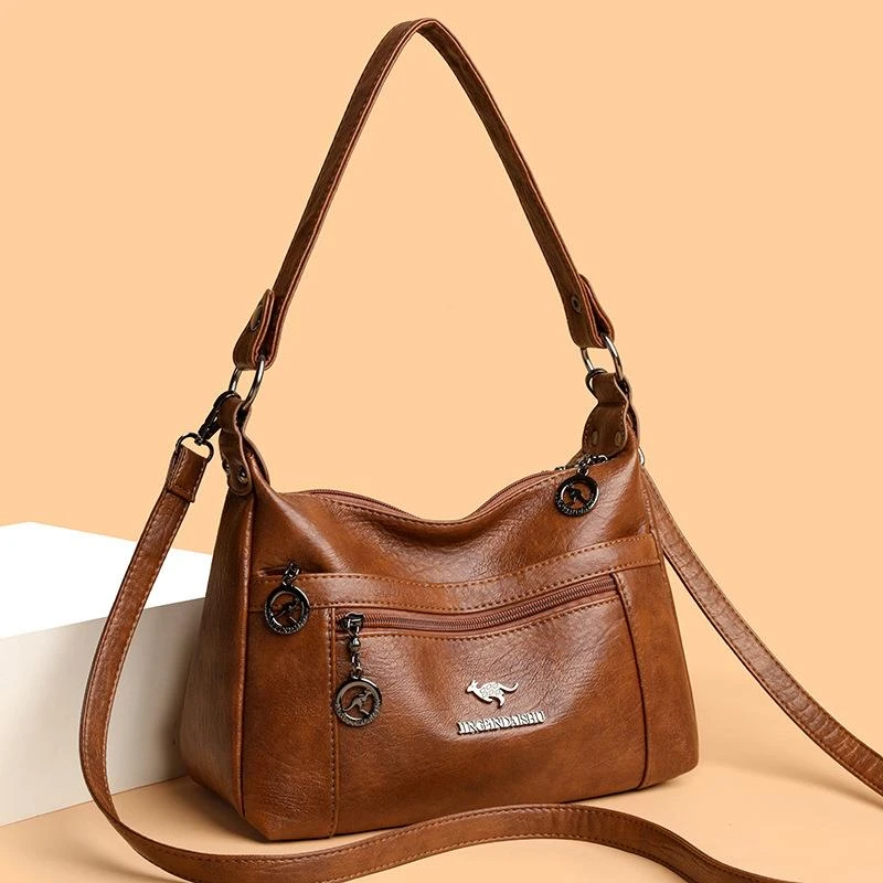 袋鼠真皮中年女包妈妈包2025新款简约大容量斜挎包时尚复古单肩包