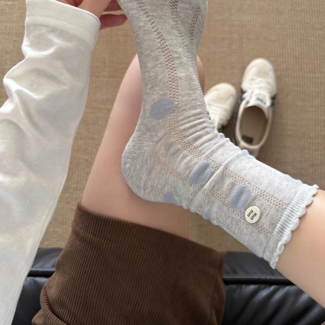 纽扣波点袜子女春夏季薄款ins潮百搭韩国中筒袜堆堆袜简约学院风
