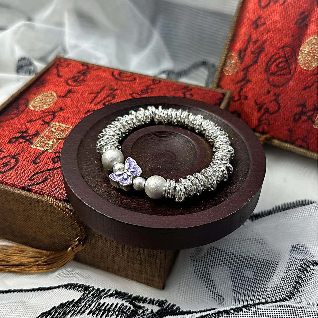 足银手镯 S184 紫色蝴蝶盘缠手链经典百搭手工时尚复古