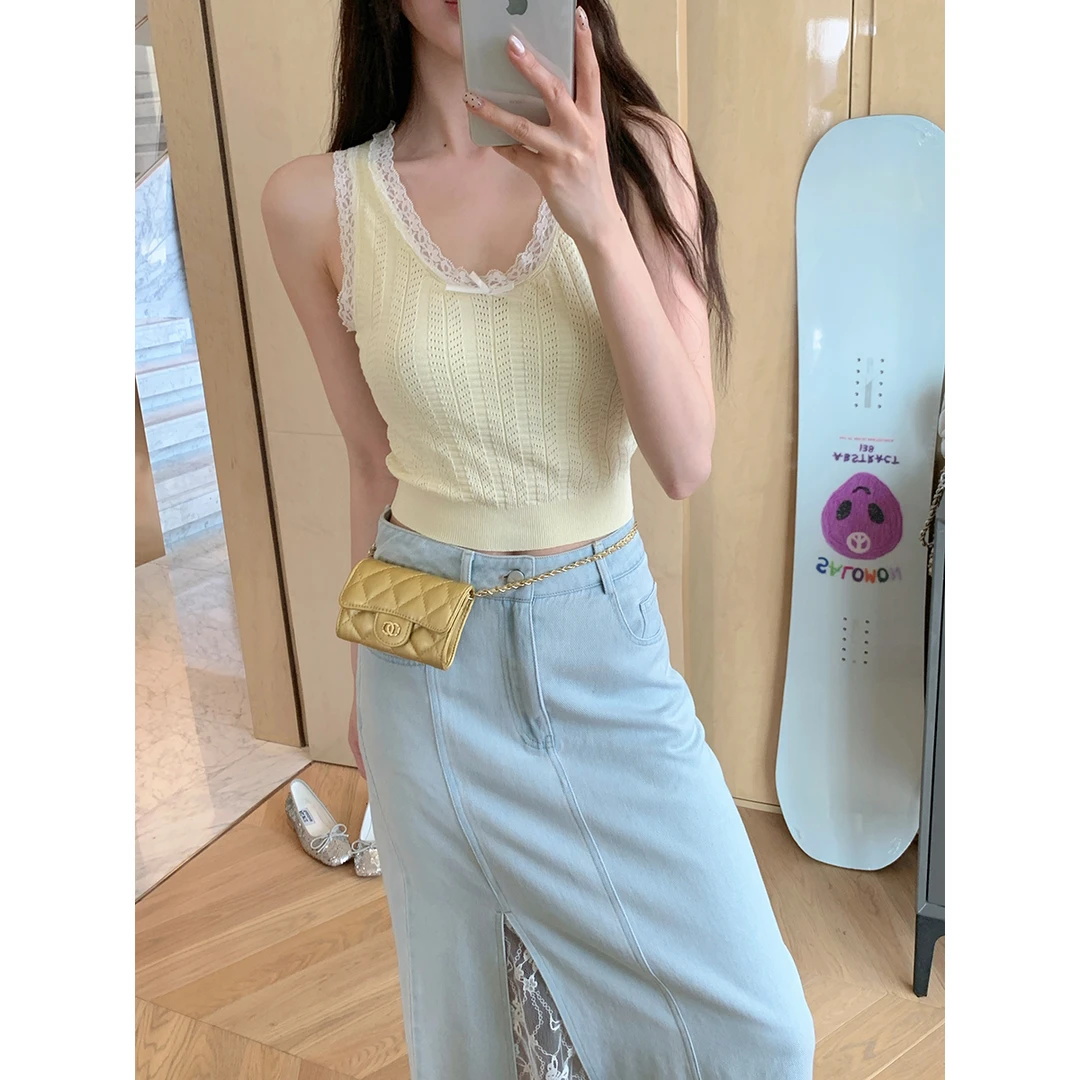 FORNI 随性春日 蕾丝针织背心女背心打底气质网红白色