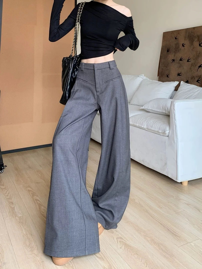 秋季灰色阔腿裤微喇叭裤春秋季休闲直筒高级垂感西装裤AM25961