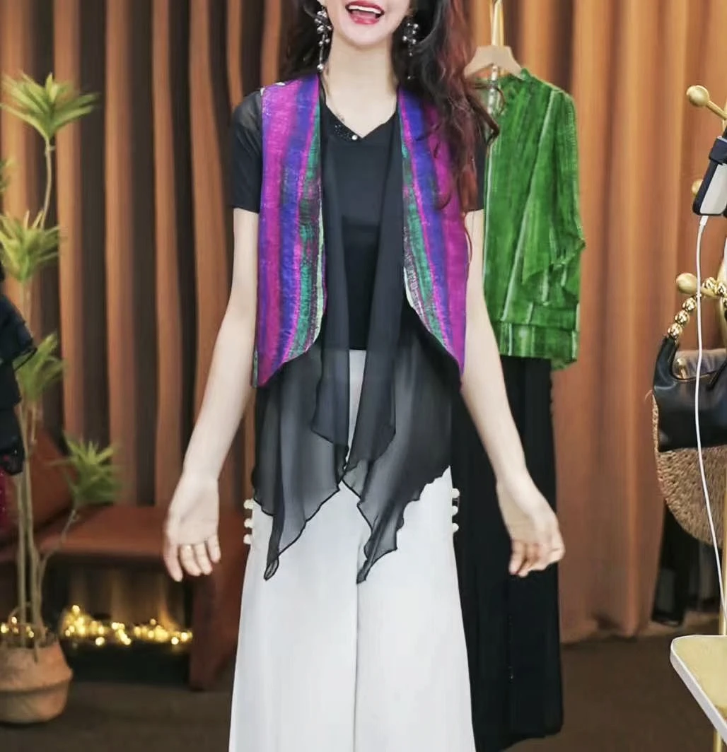 时尚百搭洋气重工不规则马甲假两件条纹雪纺开衫