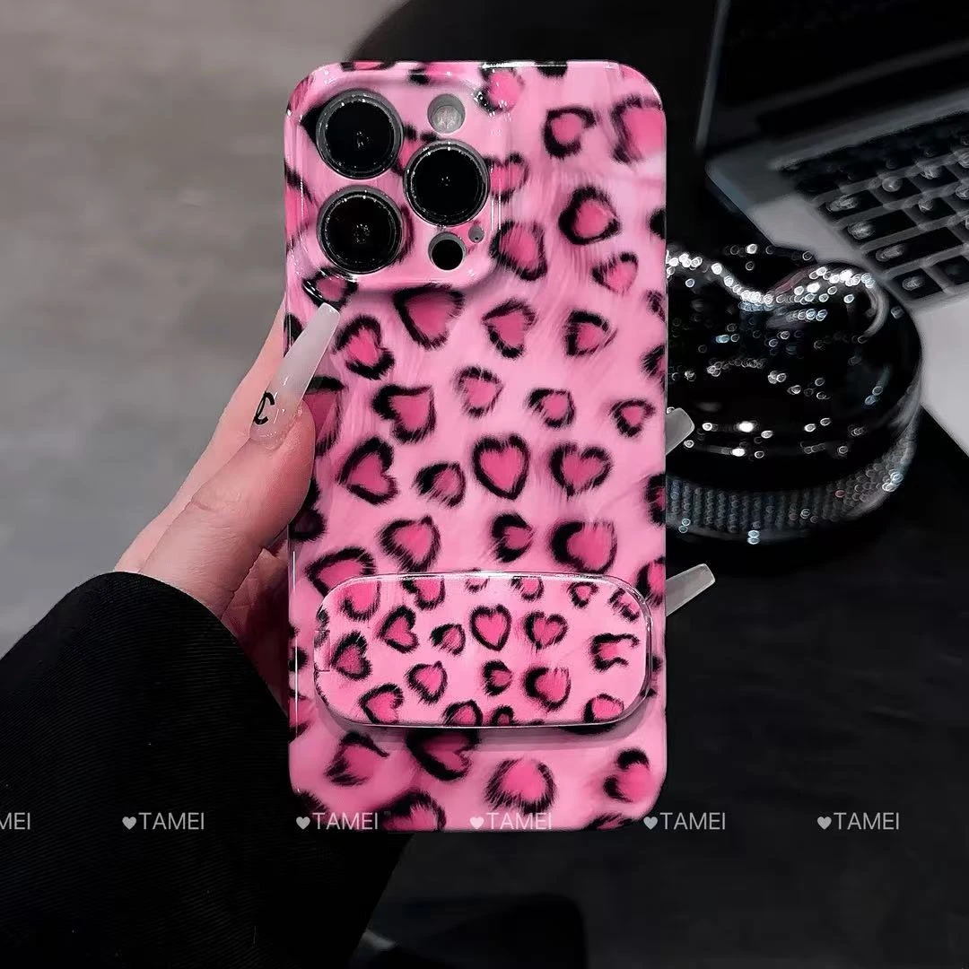 爱心豹纹镜面支架适用苹果16/15手机壳vivo华为oppo小米15p菲林壳