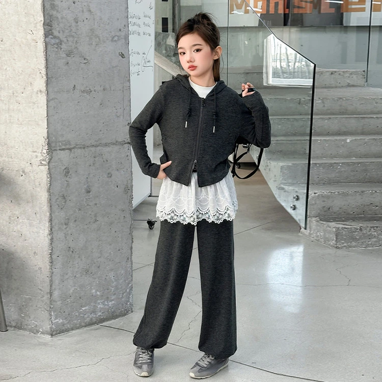 [麦哆哆」女童中大童春季时髦韩系洋气连帽花边阔腿裤针织套装潮