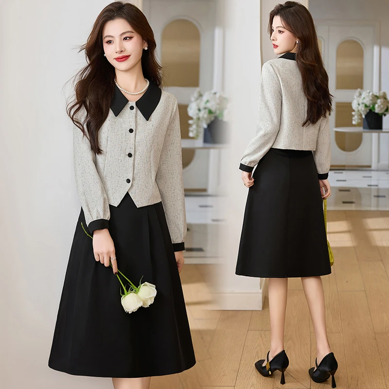 2025秋秋新款套装裙优雅小香风短款外套A字半身裙气质显瘦连衣裙